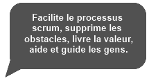 Facilite le processus scrum, supprime les obstacles, livre la valeur, aide et guide les personnes.
